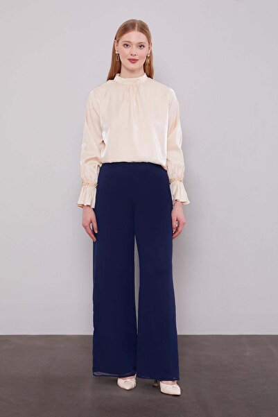 Levidor Navy Blue Wide Leg Chiffon Trousers