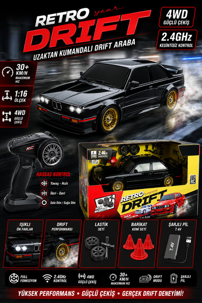 Oyuncak Fabrikası 1:16 Uzaktan Kumandalı 4x4 Drift Araba Şarjlı 2.4G Full Fon...
