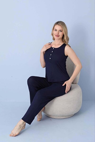 Relax Mode Kadın Lacvert Dublin Raporlu Kolsuz Alt Uzun Patlı Pijama Takım - ...