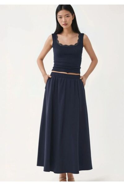 MOODAY Pocket Detailed Elastic Midi Skirt Navy Blue
