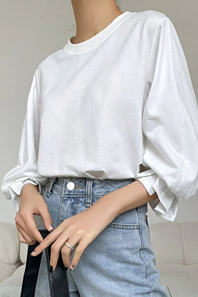 COOL TARZ Women's Crew Neck Balloon Sleeve Oversize Basic Casual Blouse