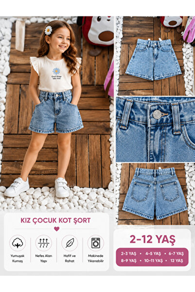 Genel Markalar Çocuk Taş Detaylı Kot Şort – Yazlık Kız Çocuk Denim Şort 2-8 Yaş
