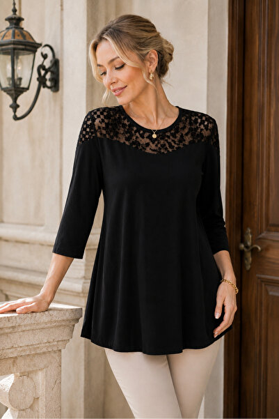HELVEYS Women's Round Neck Three Quarter Sleeve Transparent Tulle Lace Detail...
