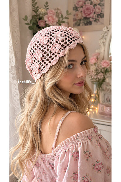 ipeklife Openwork Floral Sequined Beret Hat
