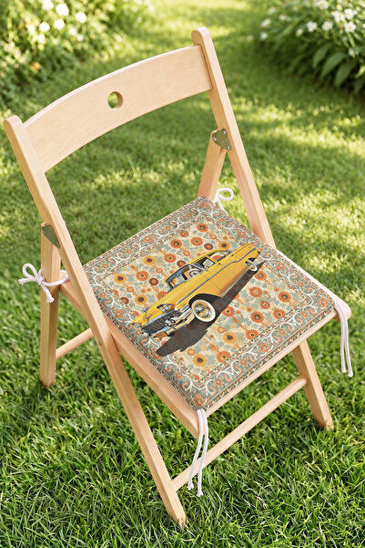 Home Sarı Klasik Araba ve Çiçek Desenli Fermuarlı Sandalye Minderi - Retro Pa...