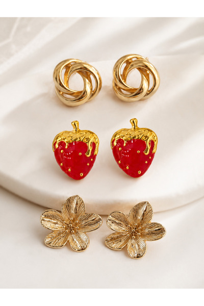 MRK 3 Pairs Earring Set Strawberry Spiral Flower Earrings