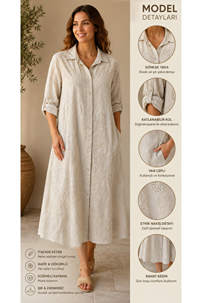yusracollectionn Women's Italian Linen Ethnic Embroidered Maxi Shirt Dress – ...