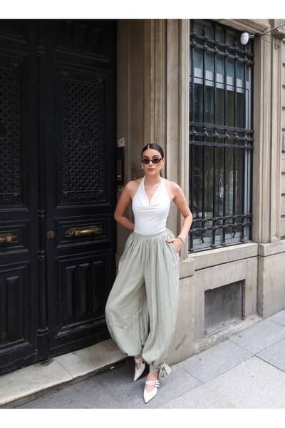 timagna Pantaloni de damă Shalwar, țesătură Tencel, cu pliuri, cu legătură la...