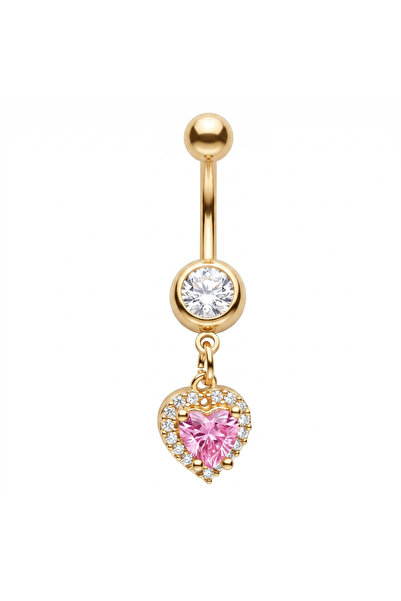 Karaşah Kalp Pembe Zirkon Altın Renkli Göbek Piercing