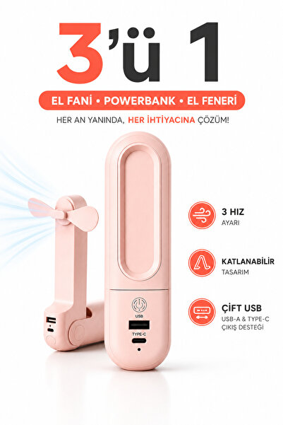 RAYLAX El fanı Katlanabilir Powerbank Özellikli Fenerli Şarjlı Sogutucu El Fa...