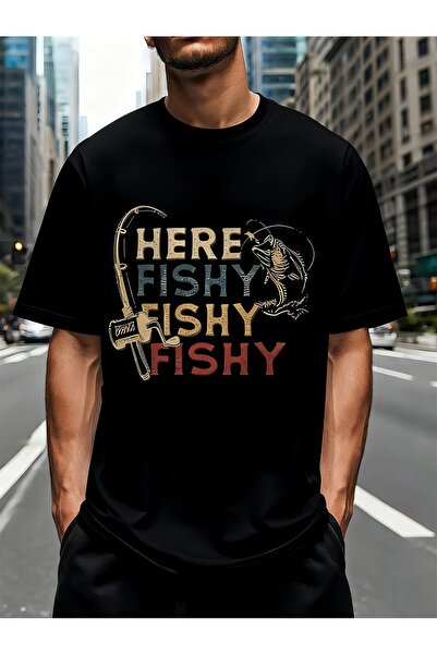 BASEPULSE Summer 3D Digital "Here Fishy Fishy" Retro Fishing Theme Printed T-...