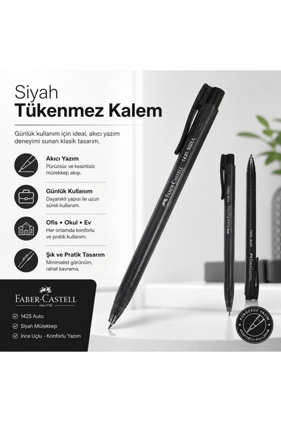 Faber Castell Faber-Castell 1425 Auto Siyah Tükenmez Kalem İnce Uçlu Siyah Mü...