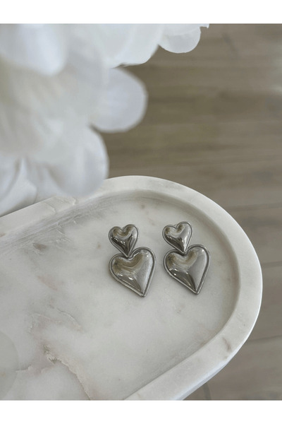 AngelsAccessories Ατσάλινα Σκουλαρίκια διπλές καρδιές-Ασημί