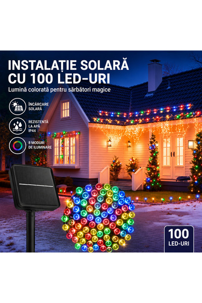 OricareFain Соларна гирлянда с панел, 100 LED, 10 м, за външна употреба, с 8 ...