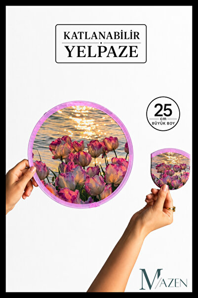 MAZEN Katlanabilir Yelpaze 25 cm Büyük Boy Kore Yelpazesi Gül Desenli Taşınab...