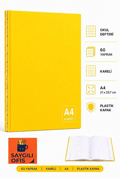 SaygılıOfis 60 Yaprak A4 DİKİŞLİ DÜZ Pp Kapak KARELİ Defter