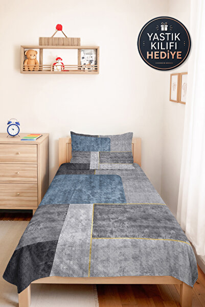 Evimde Bambaşka Blue Gray Geometric Youth Room Single Pique Set-Modern Stripe...