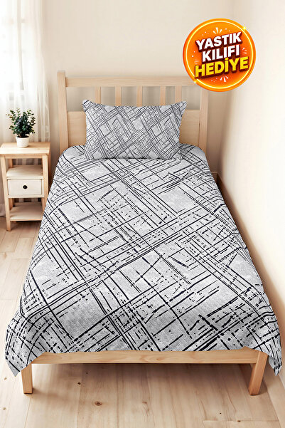 Evimde Bambaşka Gray Geometric Youth Room Single Pique Set - Anthracite Strip...