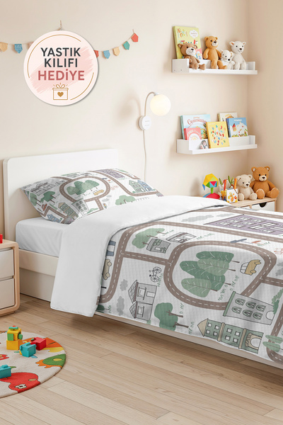 Evimde Bambaşka City Map Boy's Room Pique Set - Mint Beige Bedspread with Car...