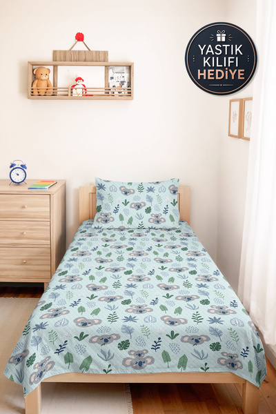 Evimde Bambaşka Blue Koala Leaf Children's Room Single Pique Set - Pastel Blu...