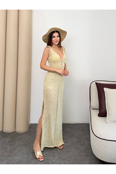 TOFİX textile Women's off-the-shoulder knit maxi beach dress with openwork de...