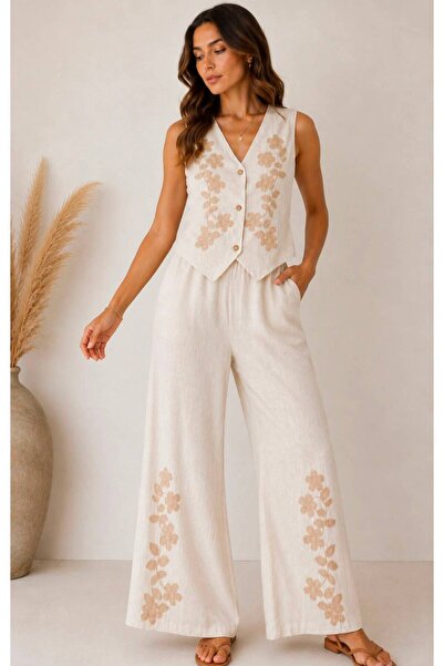 HOPEFUL DESİGN Women's Ecru Embroidered Detailed Vest and Trousers Set
