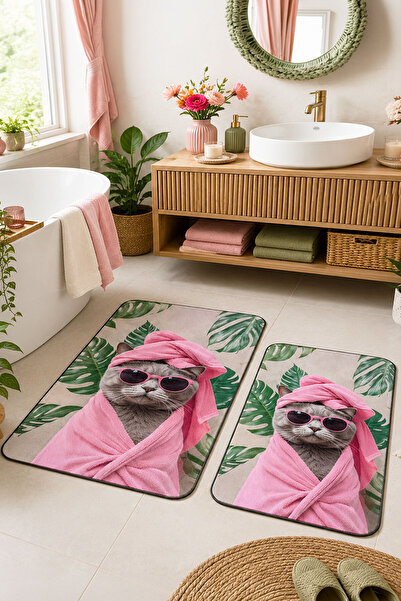 Toronto Home Digital Non-Slip Washable Cat-Themed Modern Double Bath Mat Bath...