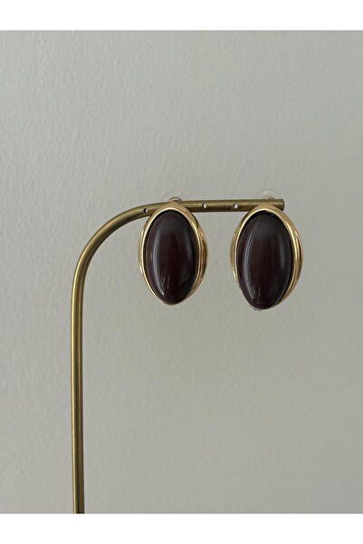 FASHION Special Design Large Oval Button Model Brown Stone Gold Earrings