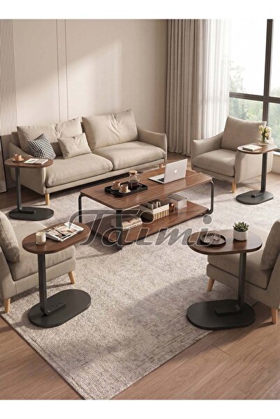 Taimi 5-Piece Living Room Table Set, Wood Top & Metal Frame, Center + 2 C Sid...