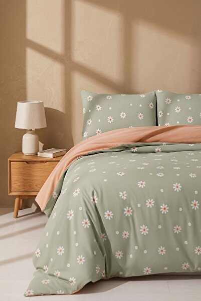 Rivaİstanbul Minimal Green Daisy Double Duvet Cover Set Cotton
