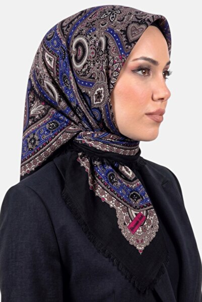 hadiora Women's Black Blue Ethnic Patterned Flared Scarf