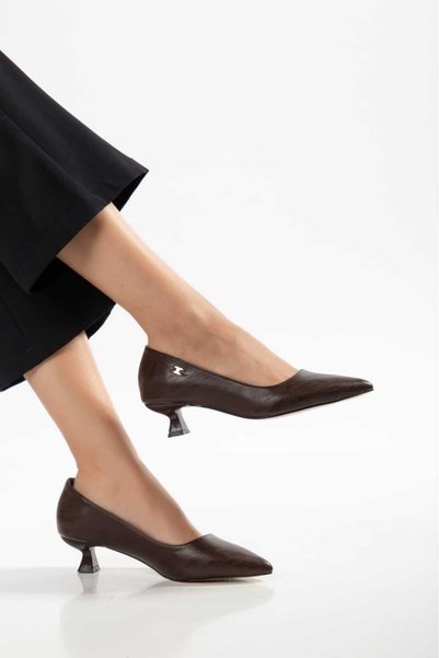 Moda Hanım Lussiana Women's Brown Leather Low Heel Stiletto Shoes