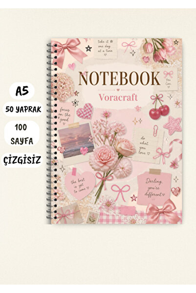 VORACRAFT Pembe Kız Neşesi Temalı Not Defteri 50 Yaprak /100 Sayfa, A5 / Tel ...