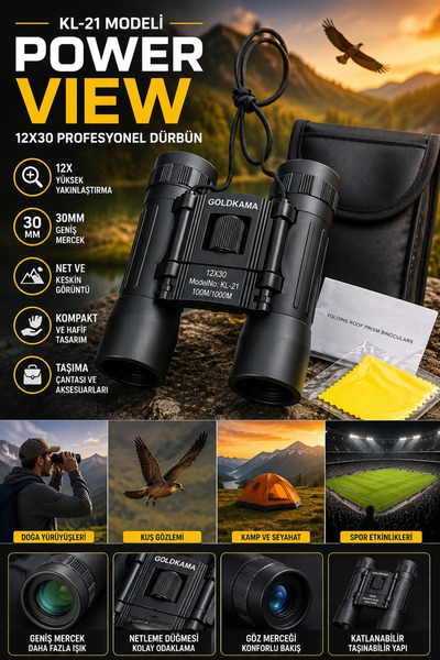 KL-21 Mini PowerView 12x30 Profesyonel Dürbün Yüksek Güçlü Kompakt El Dürbünü