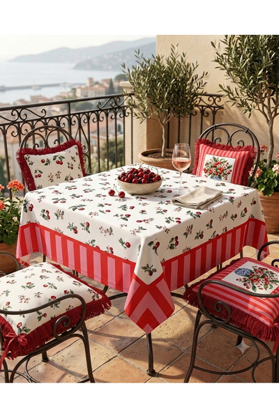 KEDİ Cherry Bshçesi Set 4 Tufted Cushion Covers and Square Tablecloth