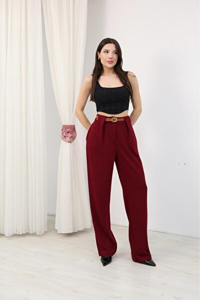 Mersella Calista Women's High Waist Wide Leg Fabric Trousers with Belt Detail...