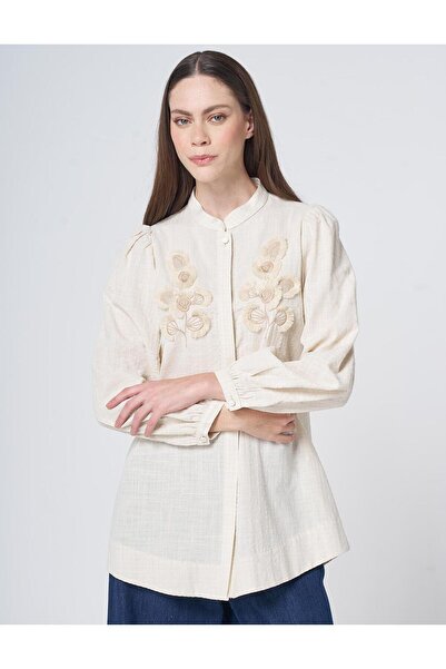 Kayra Embroidered Appliqué Seersucker Blouse Cream
