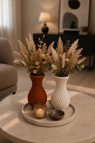Velzade Home Dekoratif Modern Çizgili 2'li Vazo 13 cm - Kahverengi & Beyaz Mi...