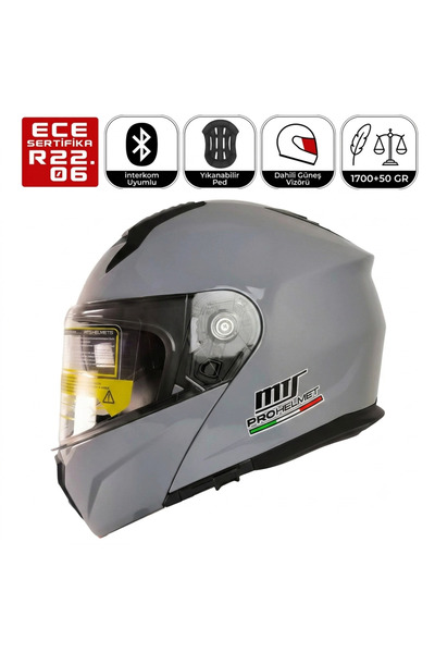 MTS M966 V2 Gri Motosiklet Kaskı Güneş Vizörlü Çene Açılır Motorcu Kask
