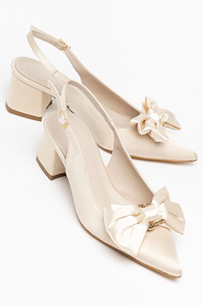 Hayalimdeki Ayakkabı Liar Women's Beige Satin Buckle Casual Classic Heeled Shoes