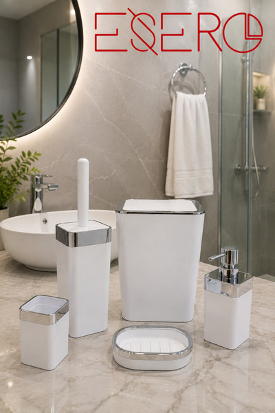 ESERO 340 KROM BEYAZ 5'li Lüks Banyo Aksesuar Seti Beyaz Krom | Çöp Kovası WC...