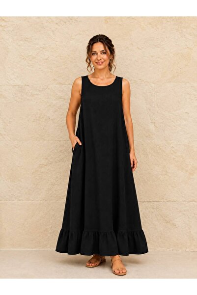 AGORATEKSTİL Women's Flounced Thick Strap Cotton Fabric Dress 42-46