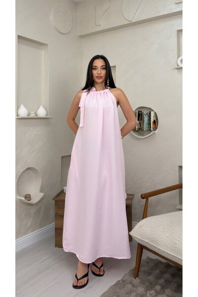 miraylawear FAYE PEMBE RENKLİ BOYUNDAN BAĞLAMALI SALAŞ TARZ KADIN MAXİ ELBİSE