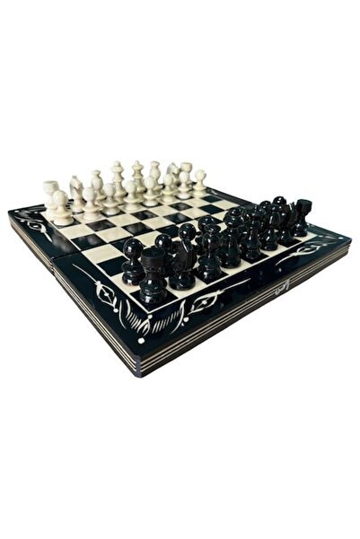 OEM Joc de șah și table din lemn lucrat manual, 32x32 cm, alb-negru