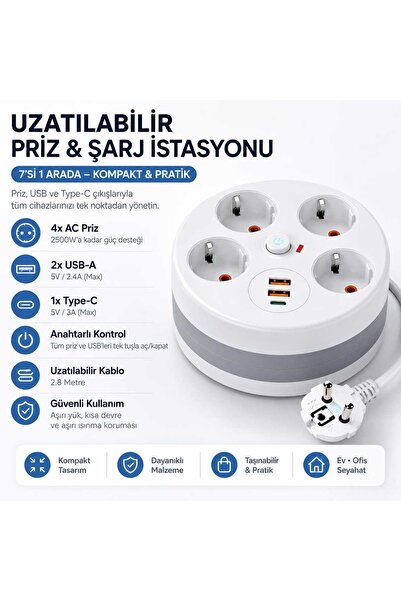 Asfal 3 Metre Makaralı Uzatma Kablosu 4'lü Priz 2 USB-A + 1 Type-C Anahtarlı ...