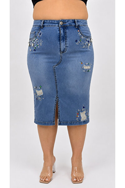 ZANESSİ FASHION Plus Size Denim Stoned Pencil Skirt