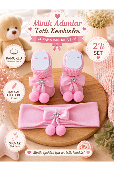 Akface Ponponlu Bebek Çorap Bandana 2'li Set Pembe