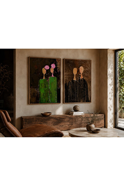 Boho wellness studio – Soyut Figürler İkili Set Ahşap Çerçeveli Duvar Tablosu