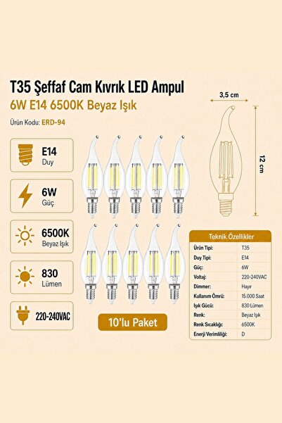 Heka T35 Şeffaf Cam Kıvrık LED Ampul 6W E14 6500K Beyaz Işık ERD-94 10'lu