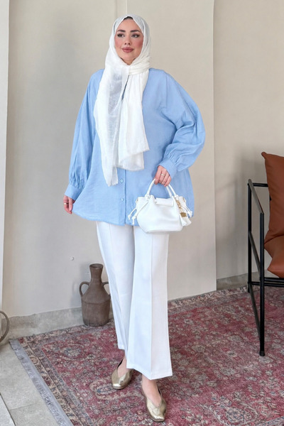 Tesettür Diyarı Πουκάμισο Oversize από ύφασμα Mery Jacquard Tulle Modal - Μπλ...
